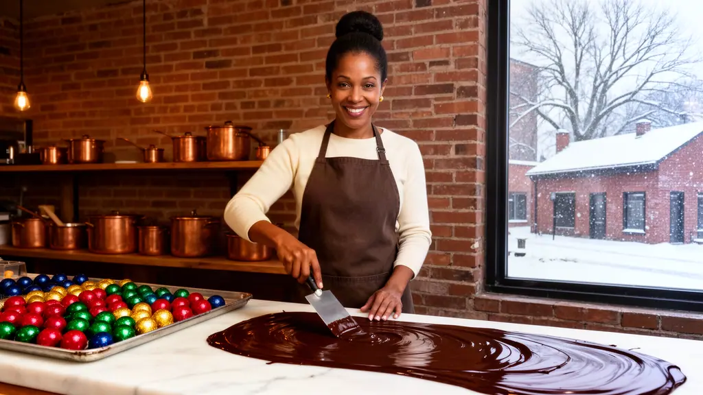 Chocolatier tempering dark chocolate on marble beside trays of bright bonbons, snow outside